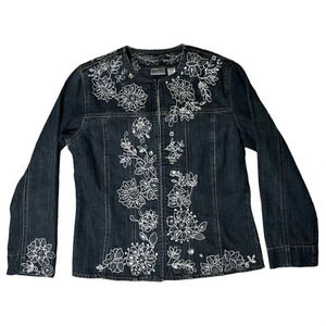 Chico's Blue Embroidered Flowers Deco Rhinestone Denim Jacket Size 1 Medium 8